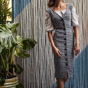 Veronica Beard Lark Black & White Plaid Cotton-Blend Sheath Midi Dress